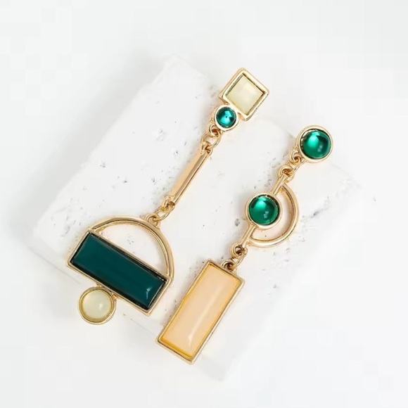 Anthropologie Gold and Green Asymmetrical Geometric Earrings - Picture 3 of 14